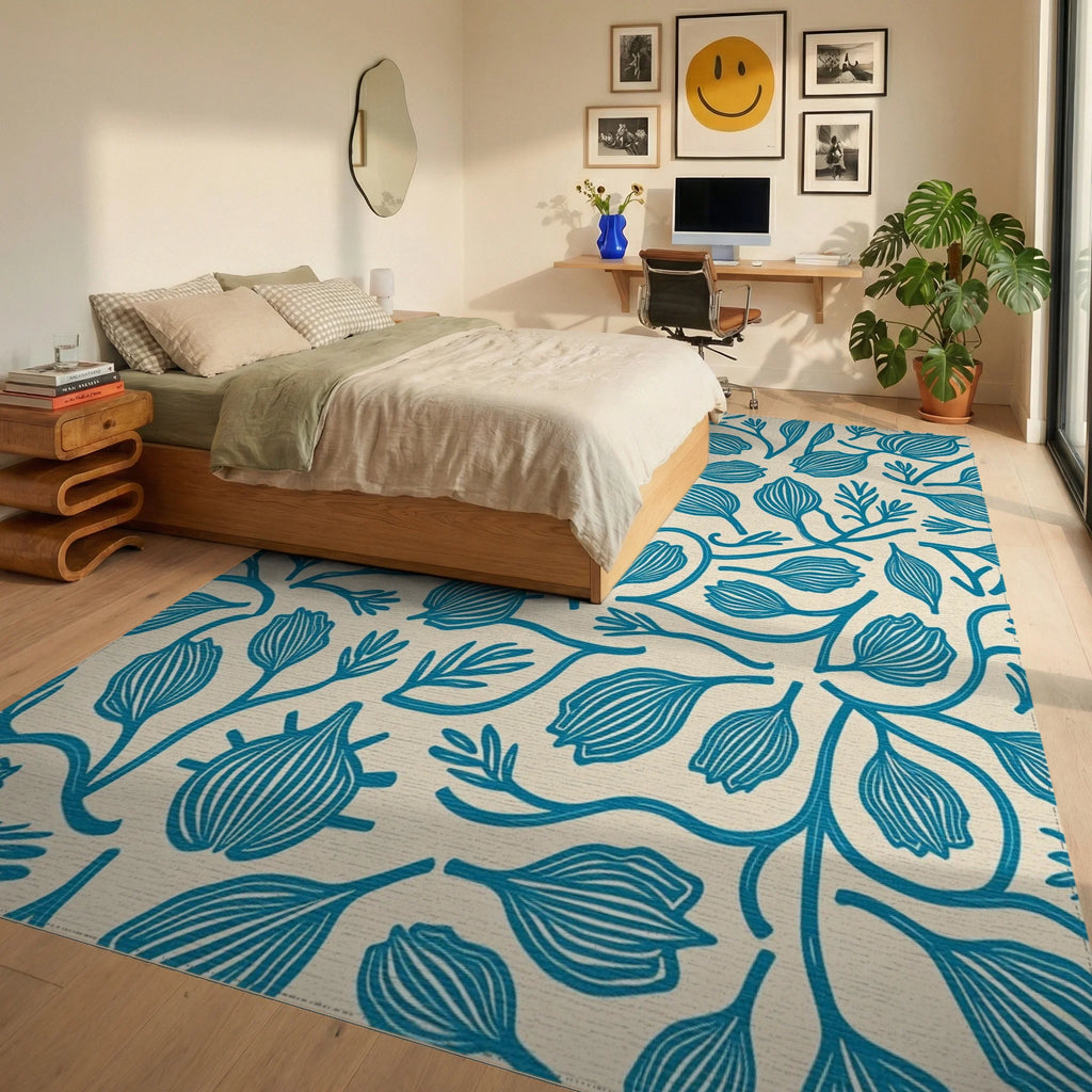 Teal Botanical Swirl Cream Rug Bedroom View