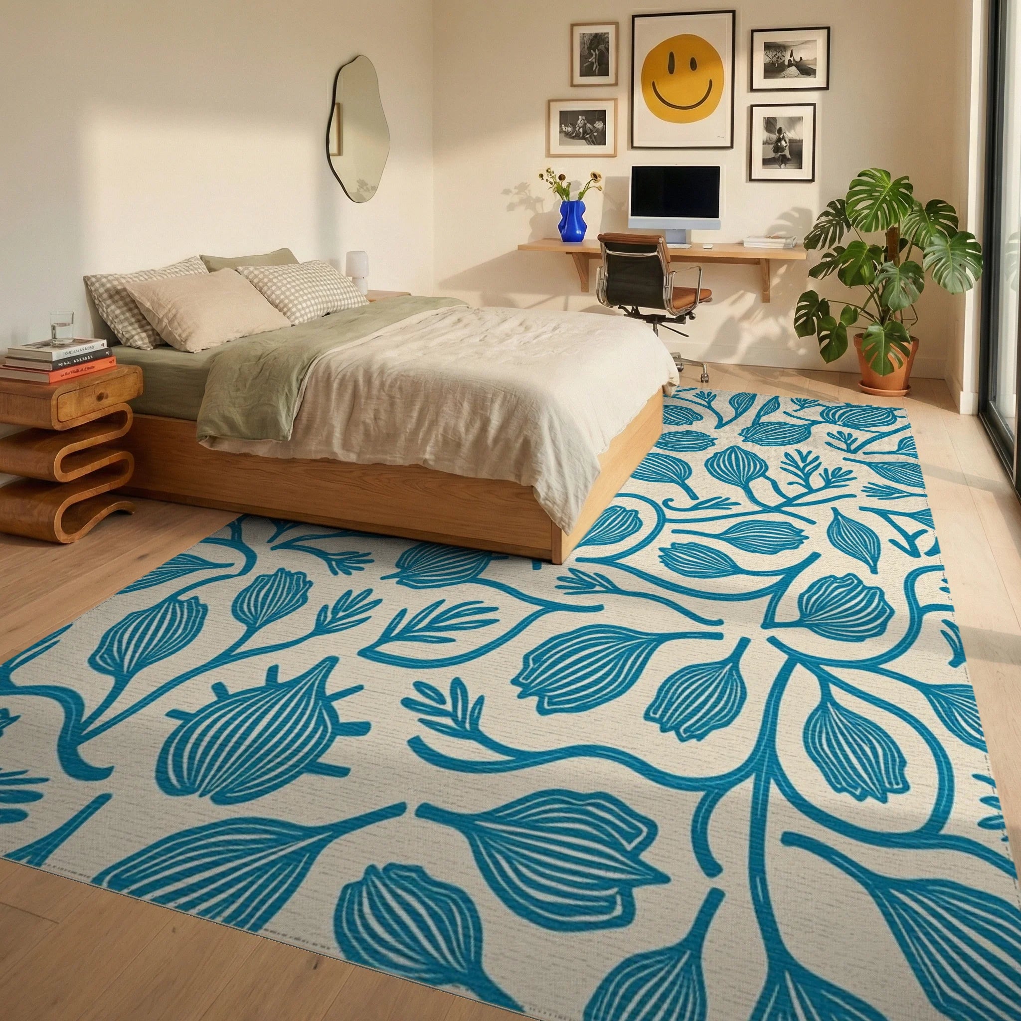 Teal Botanical Swirl Cream Rug Bedroom View