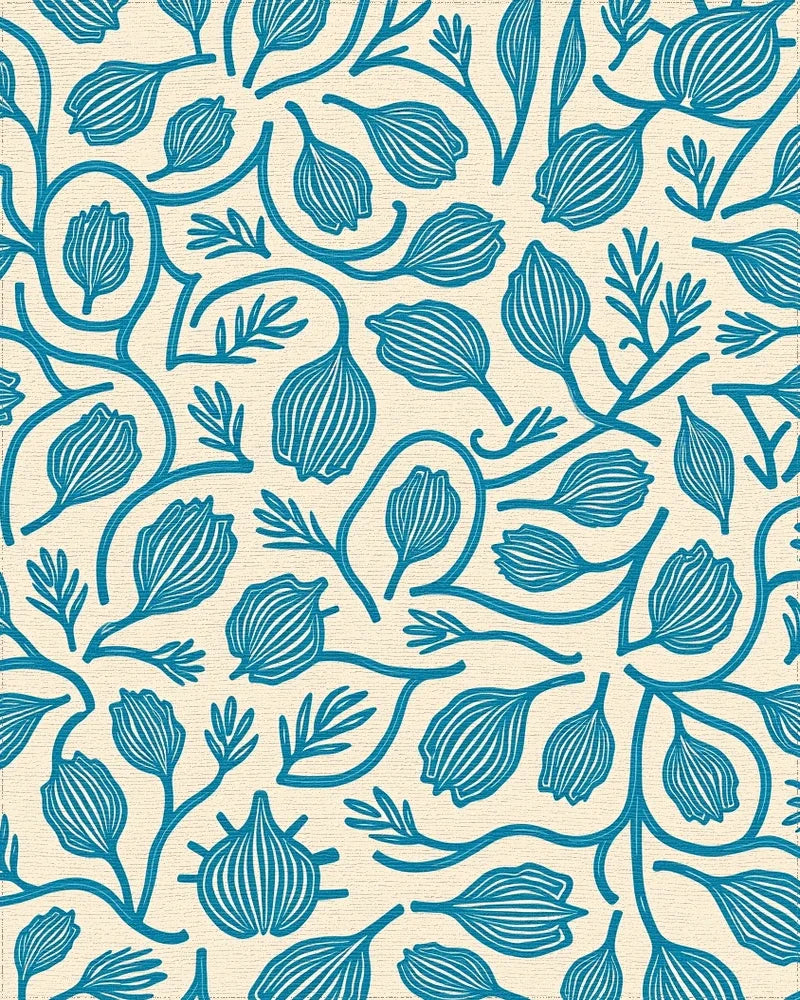 Teal Botanical Swirl Cream Rug - Cutout View