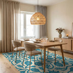 Teal Botanical Swirl Cream Rug Dining Room View