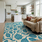 Teal Botanical Swirl Cream Rug Living Room View