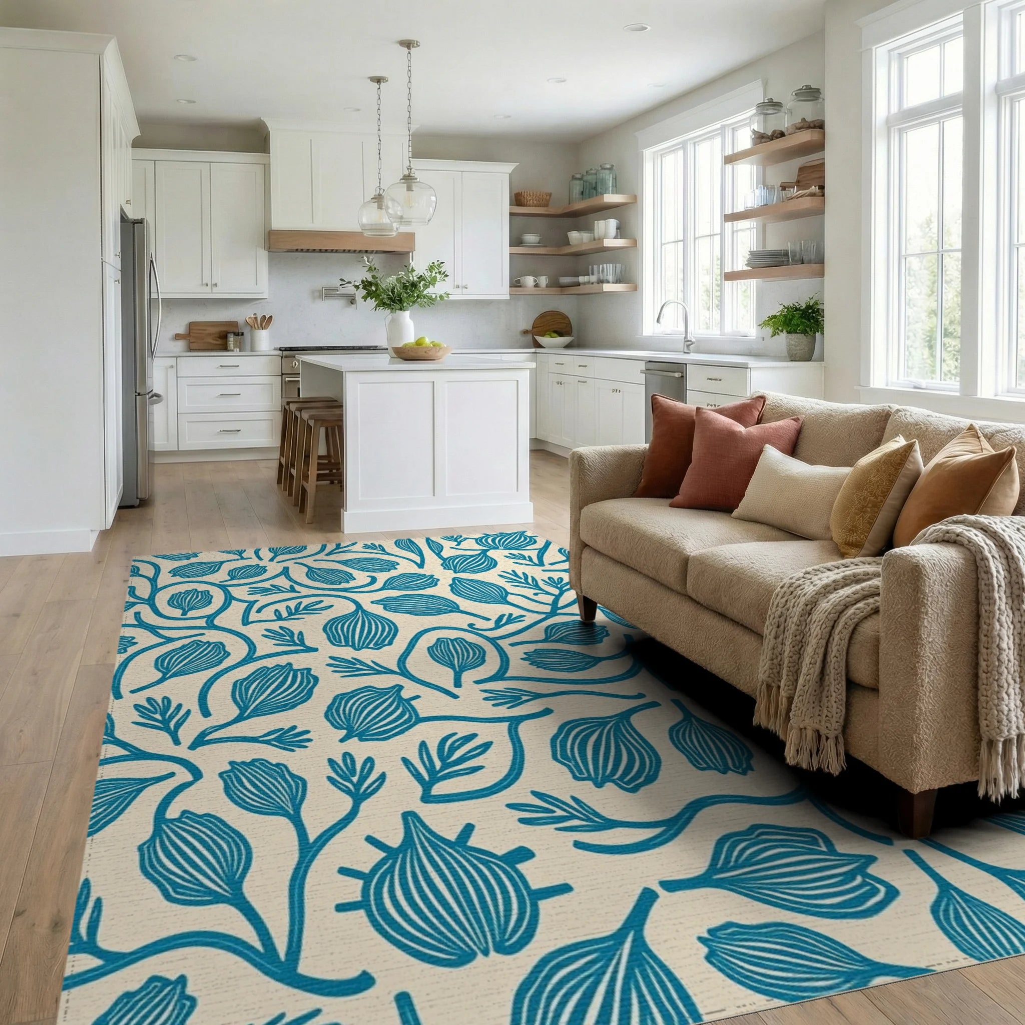 Teal Botanical Swirl Cream Rug Living Room View