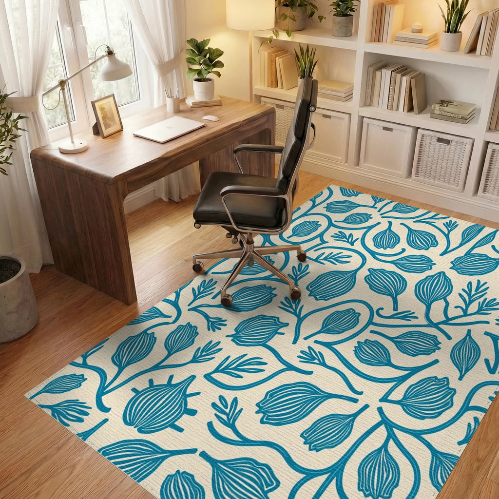 Teal Botanical Swirl Cream Rug Office View