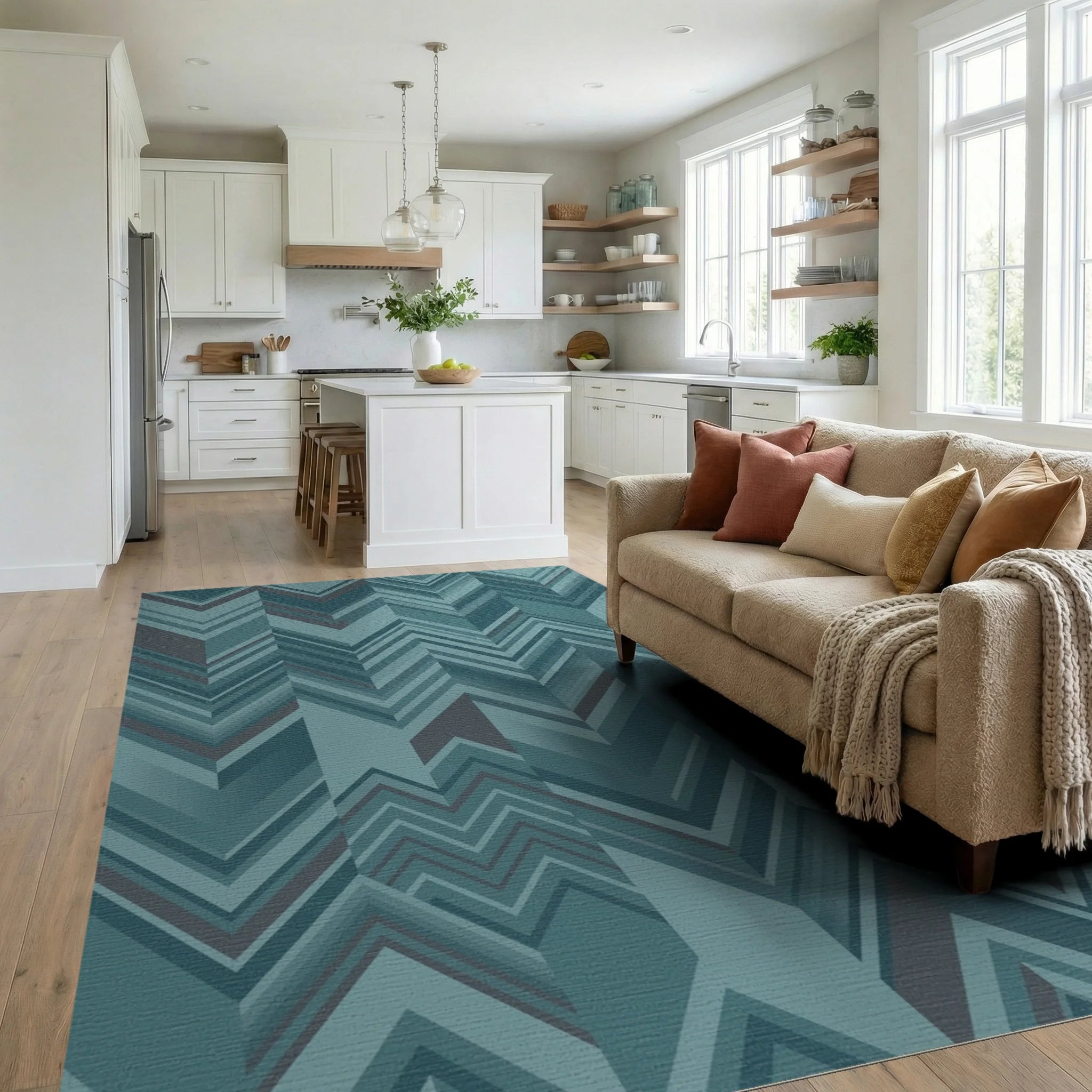 Teal Chevron Geometric Overlay Rug Living Room View