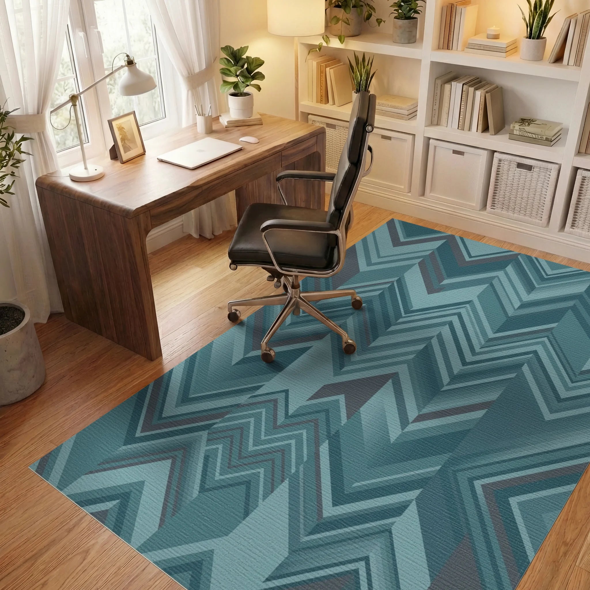 Teal Chevron Geometric Overlay Rug Office View