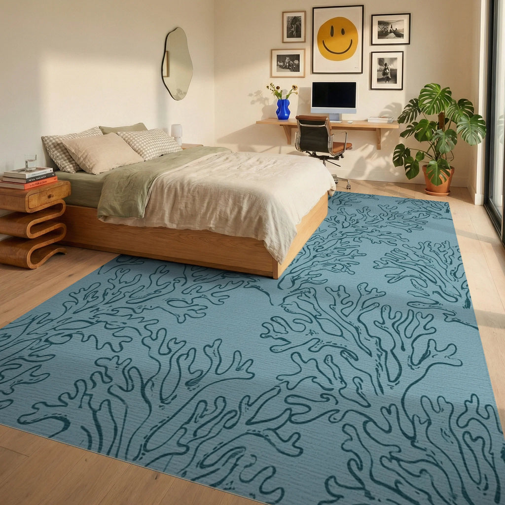 Teal Coral Branch Repeating Pattern Rug Bedroom View