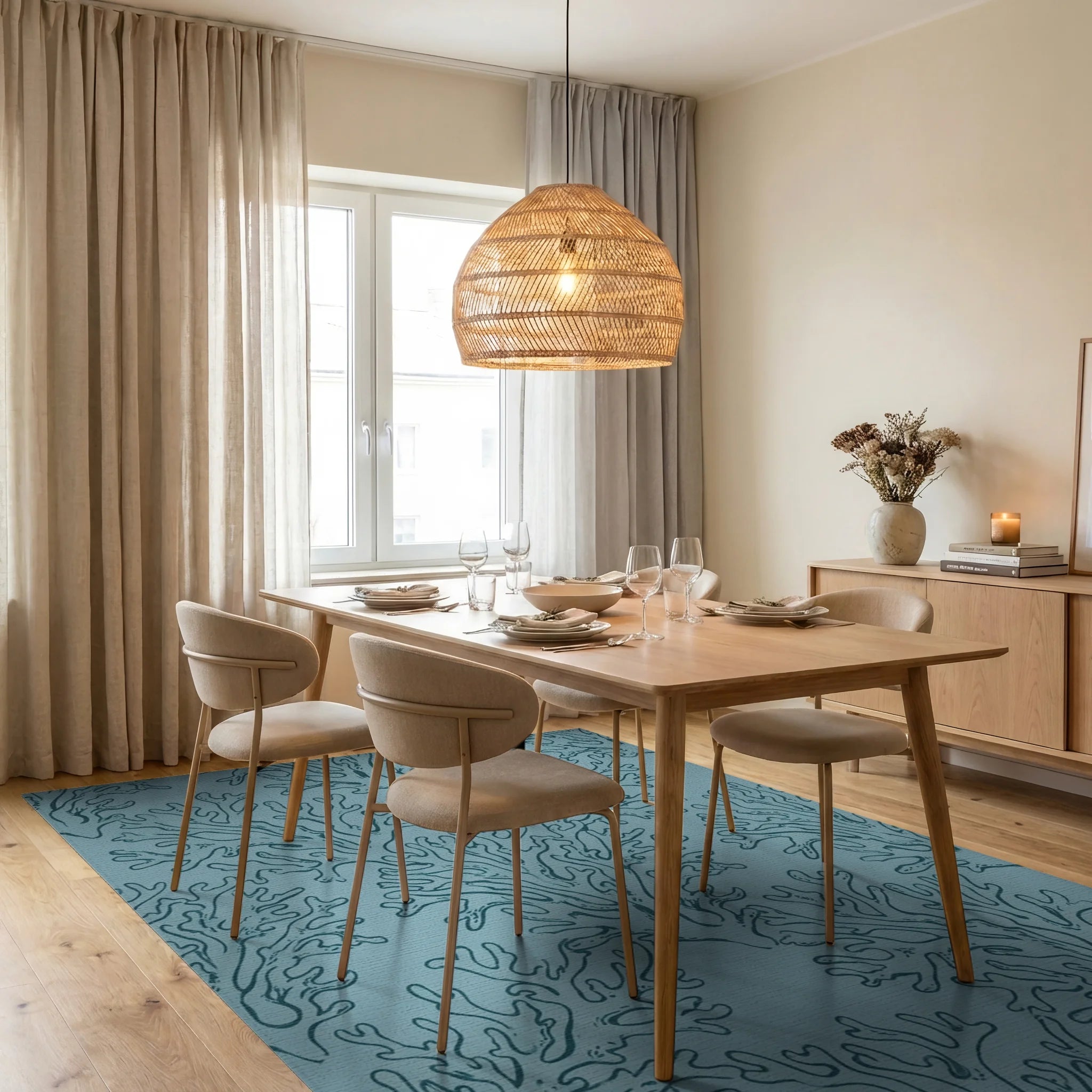 Teal Coral Branch Repeating Pattern Rug Dining Room View