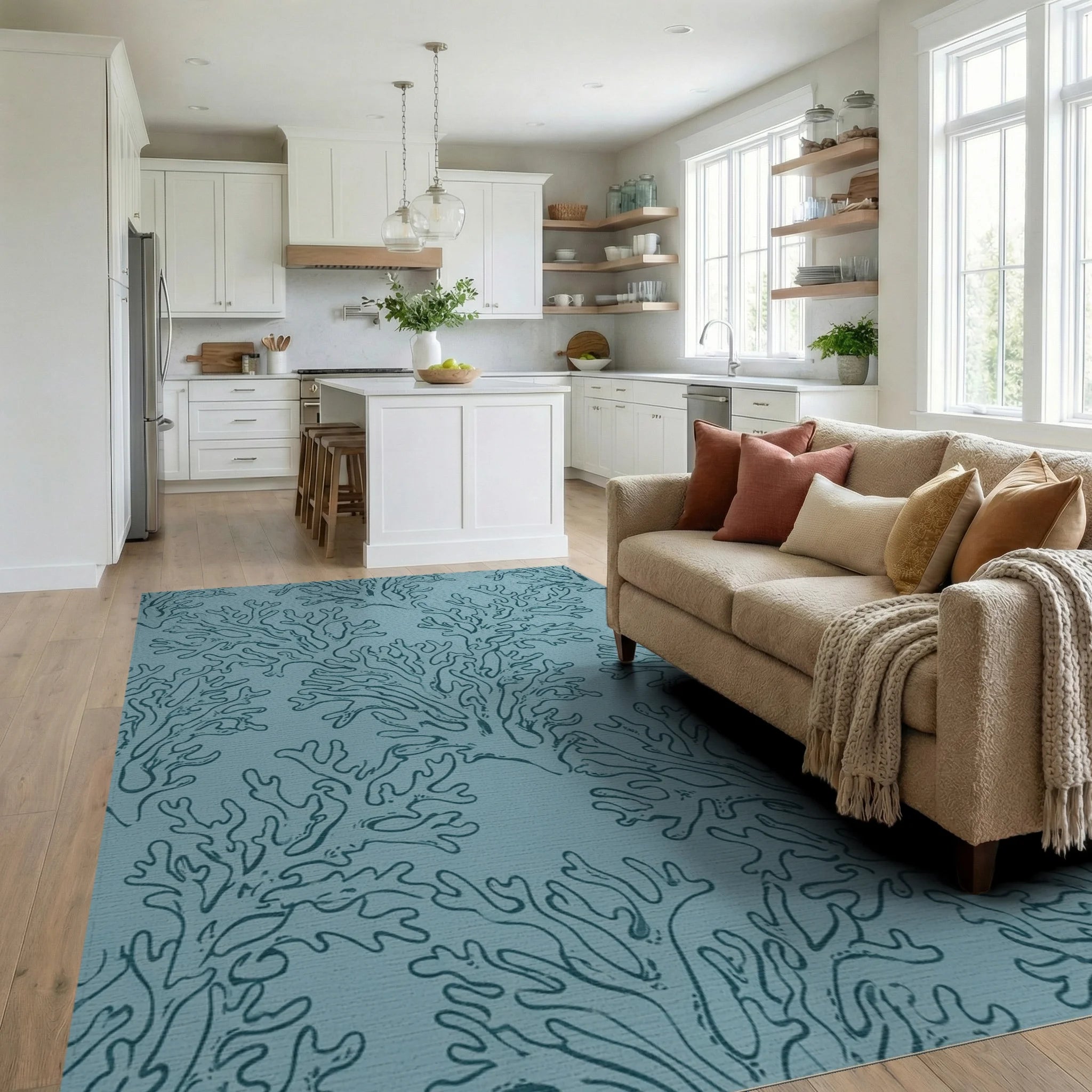 Teal Coral Branch Repeating Pattern Rug Living Room View