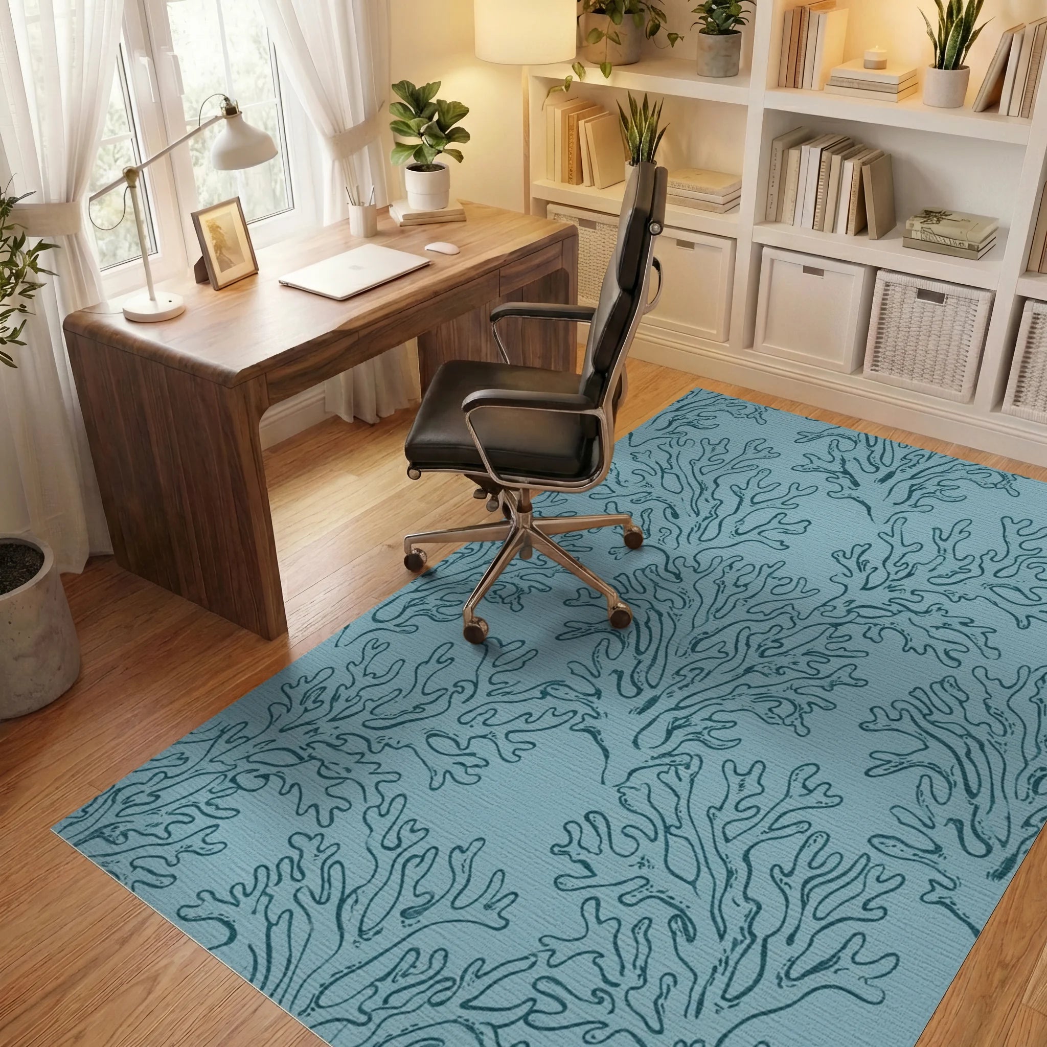Teal Coral Branch Repeating Pattern Rug Office View