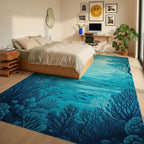 Teal Coral Fish Silhouettes Rug - Bedroom View