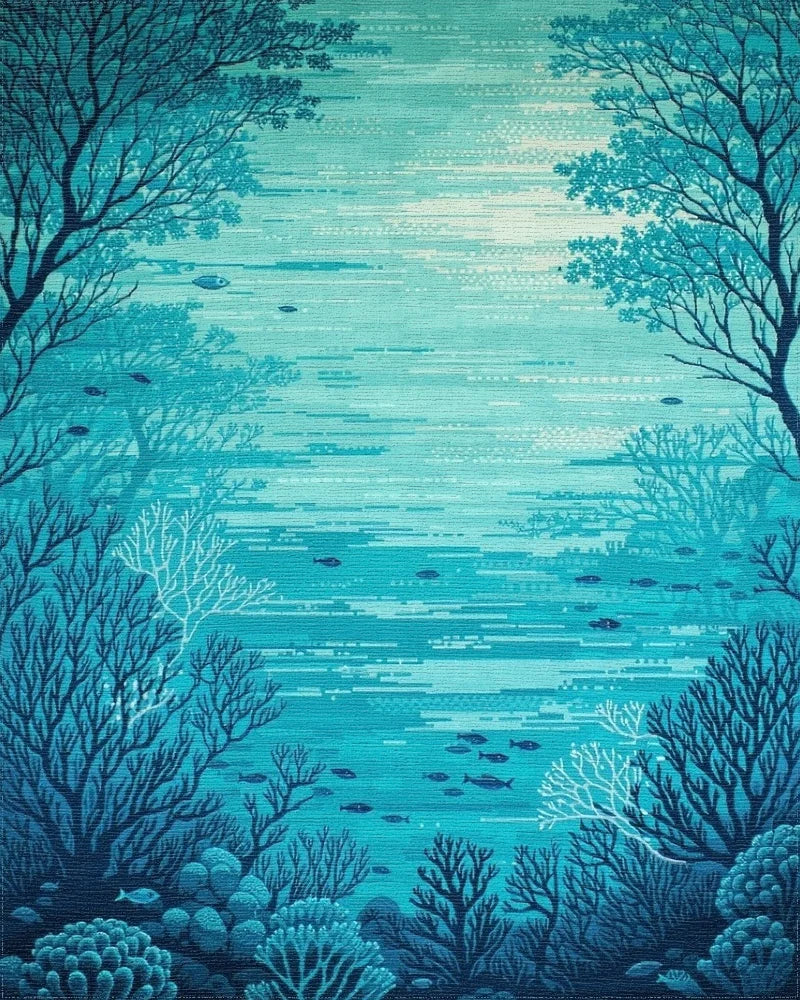 Teal Coral Fish Silhouettes Rug - Cutout View