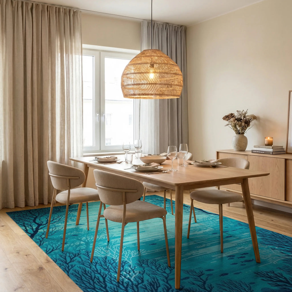 Teal Coral Fish Silhouettes Rug - Dining Room View