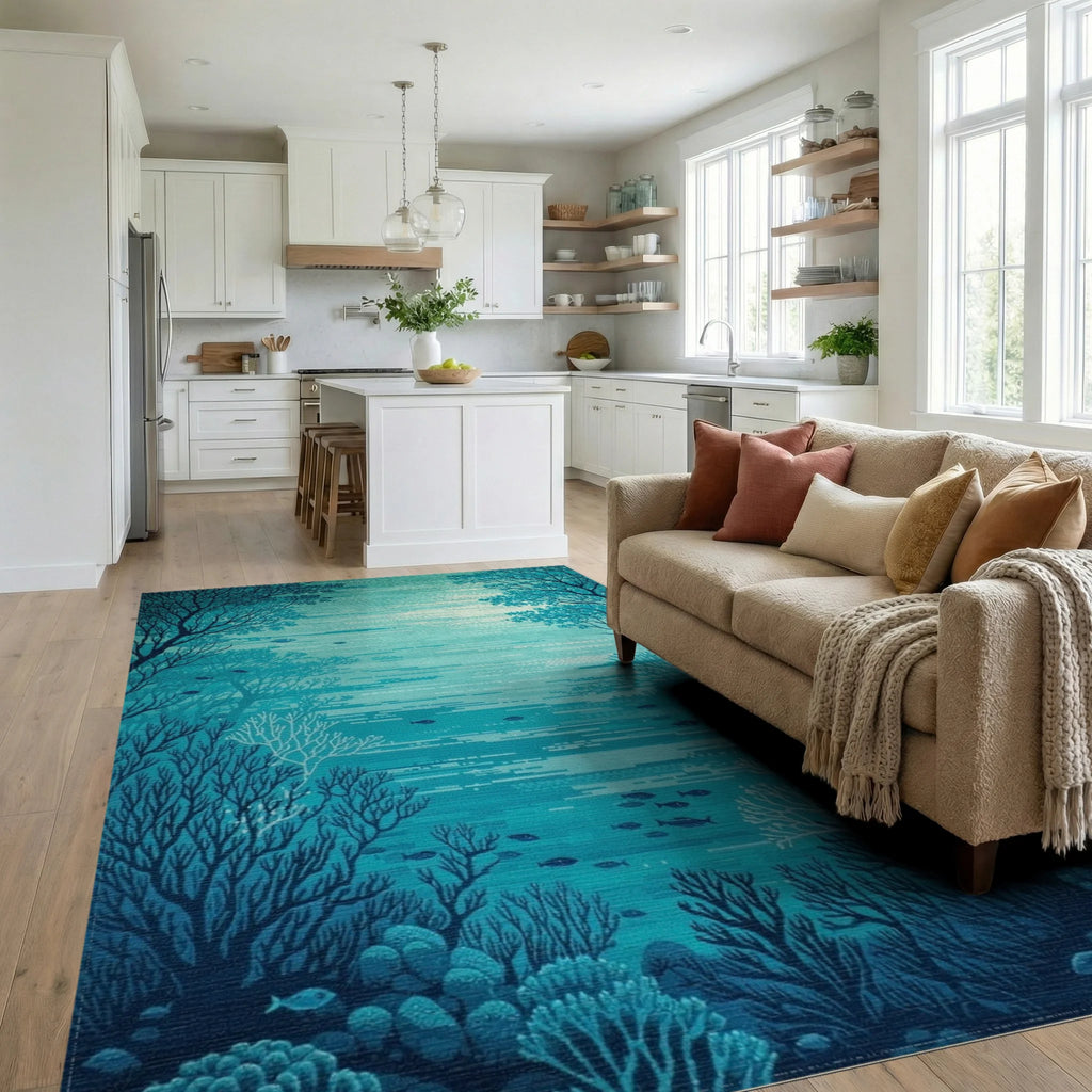 Teal Coral Fish Silhouettes Rug - Living Room View