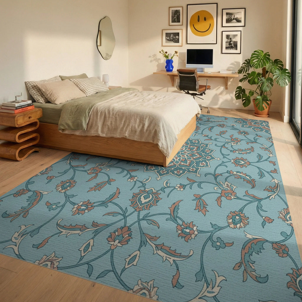 Teal Coral Floral Medallion Vines Rug Bedroom View