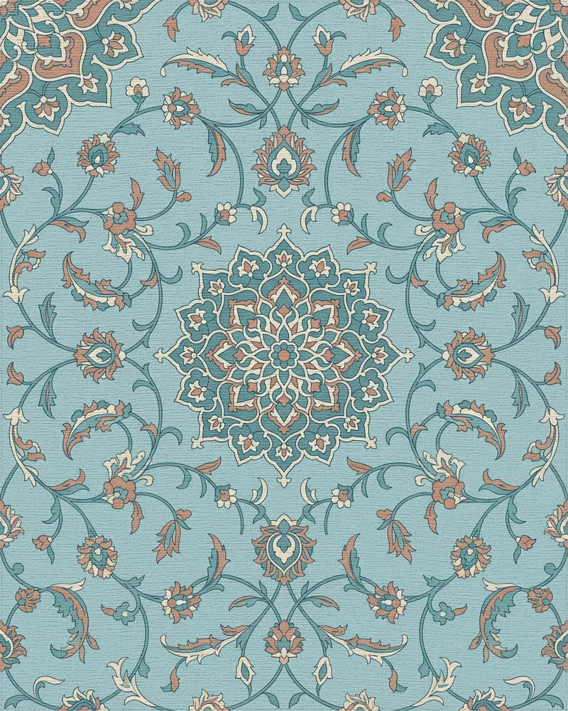 Teal Coral Floral Medallion Vines Rug - Cutout View