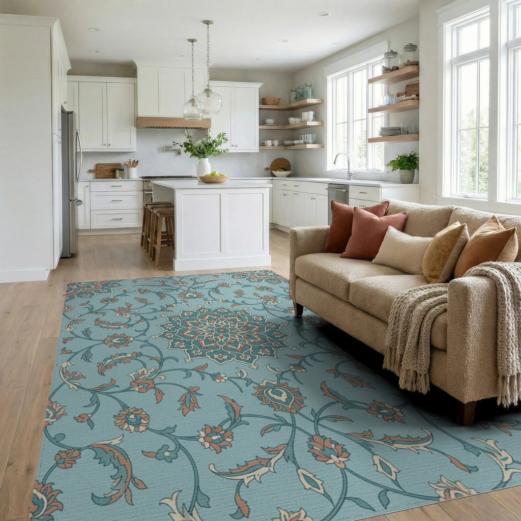 Teal Coral Floral Medallion Vines Rug Living Room View