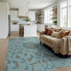 Teal Coral Floral Medallion Vines Rug Living Room View