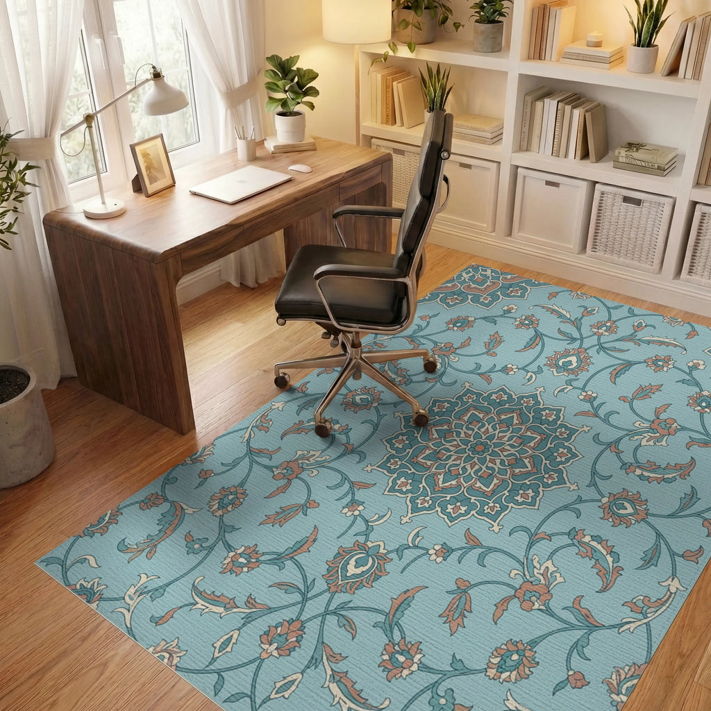 Teal Coral Floral Medallion Vines Rug Office View