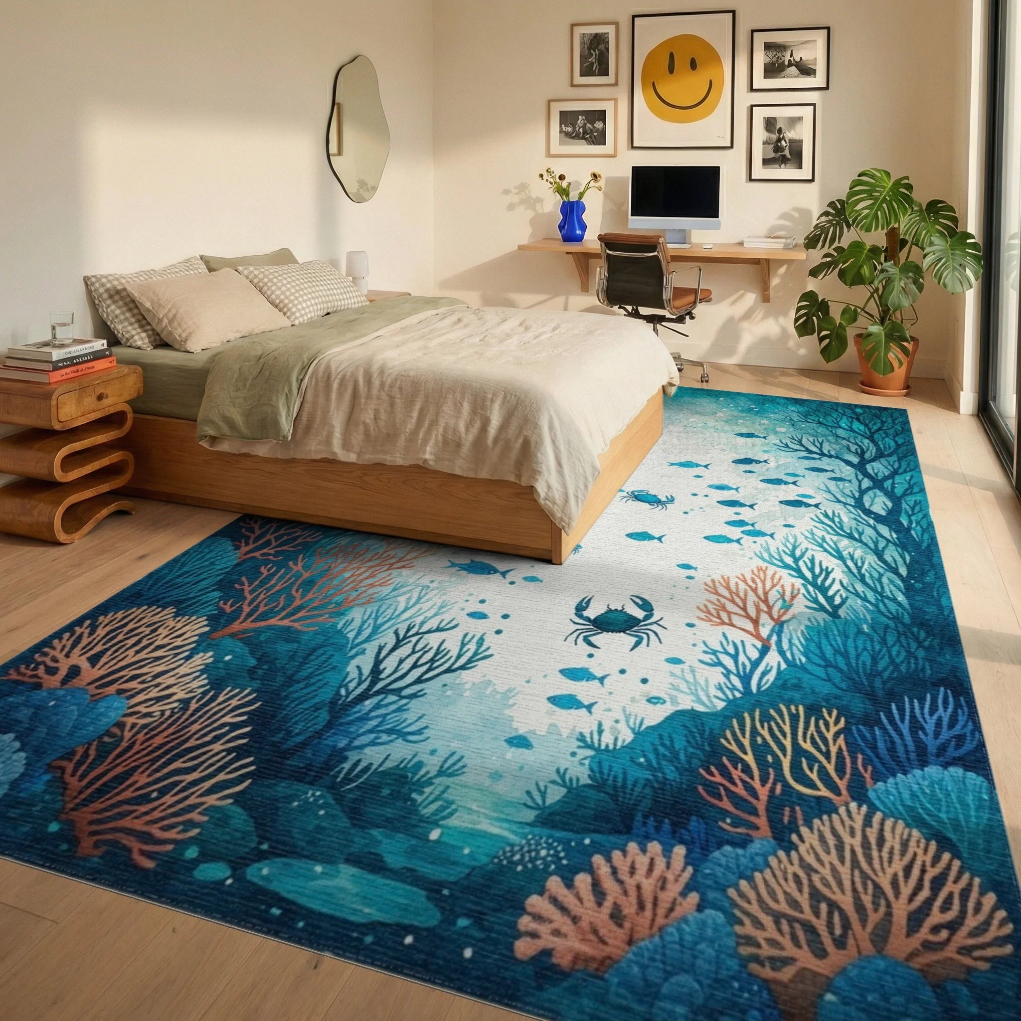 Teal Coral Kelp Crabs Fish Rug Bedroom View