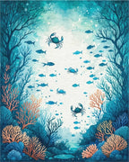 Teal Coral Kelp Crabs Fish Rug - Cutout View