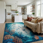 Teal Coral Kelp Crabs Fish Rug Living Room View