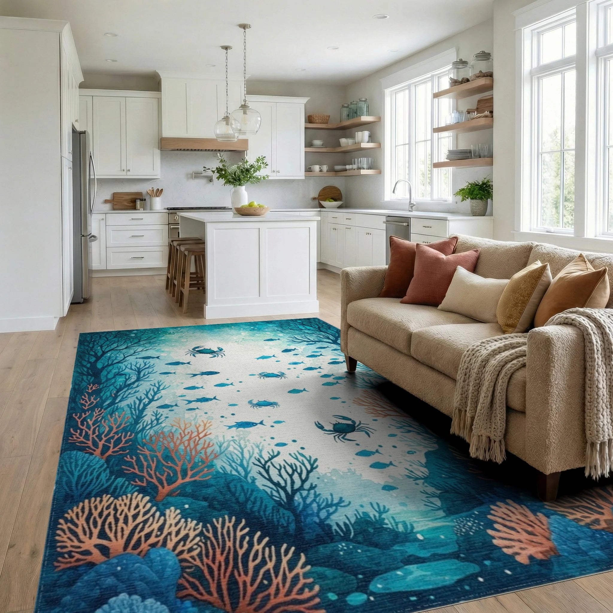 Teal Coral Kelp Crabs Fish Rug Living Room View