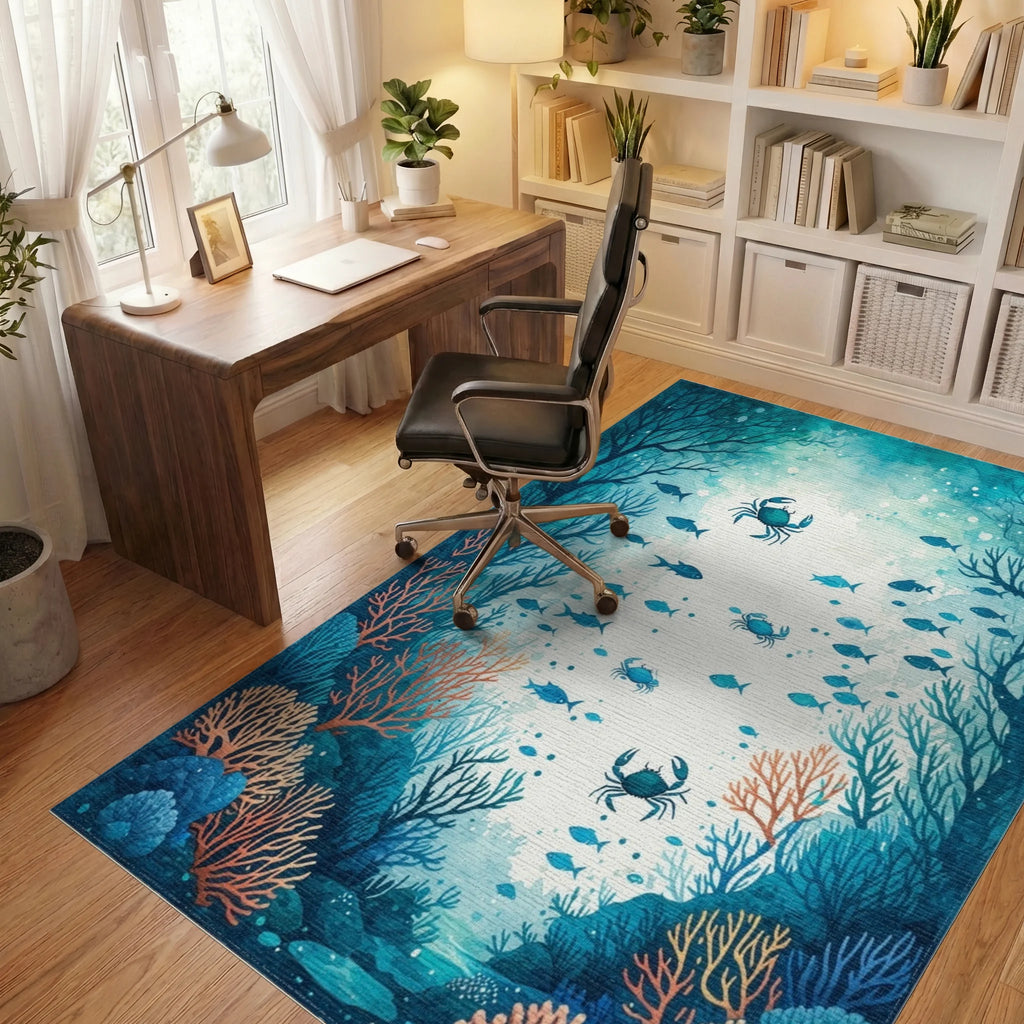 Teal Coral Kelp Crabs Fish Rug Office View