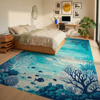 Teal Coral Reef Fish Rug - Bedroom View
