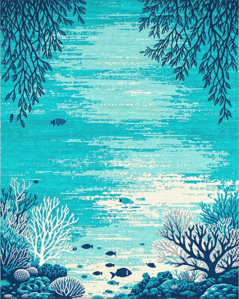 Teal Coral Reef Fish Rug - Cutout View