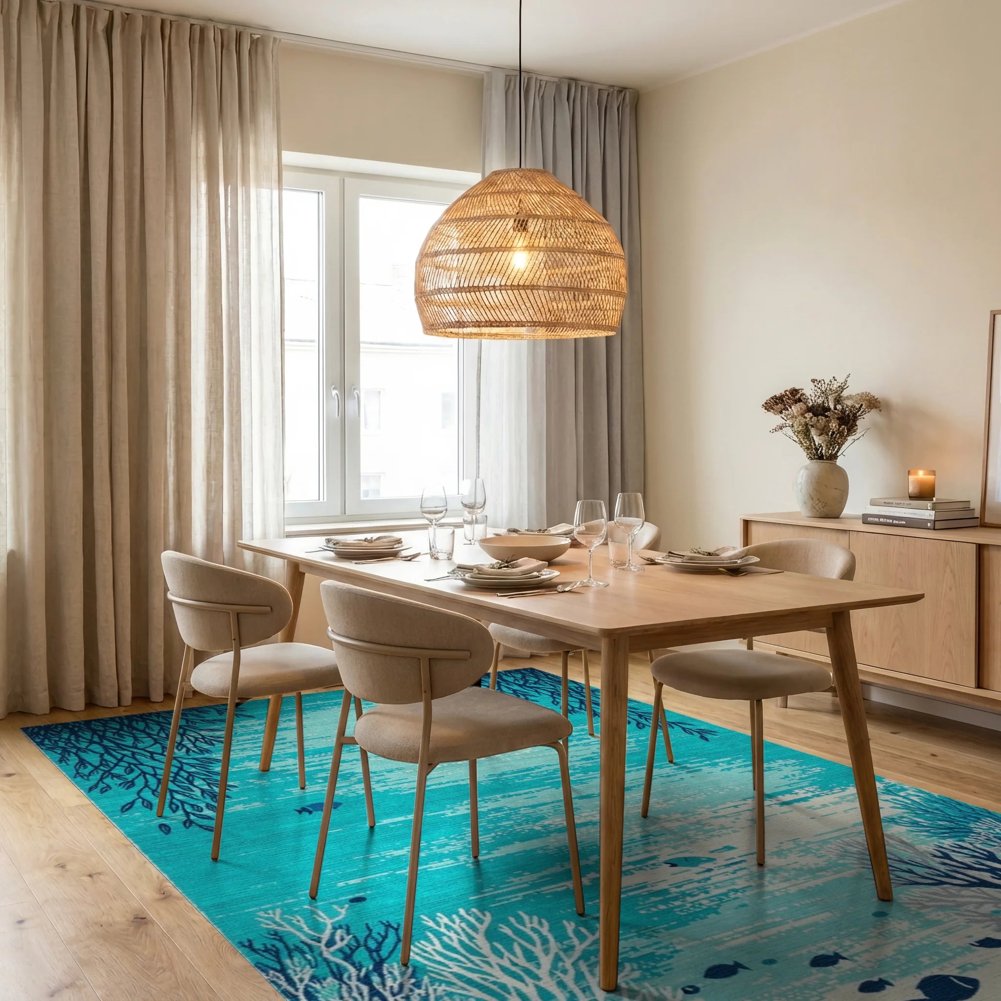 Teal Coral Reef Fish Rug - Dining Room View
