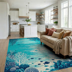 Teal Coral Reef Fish Rug - Living Room View