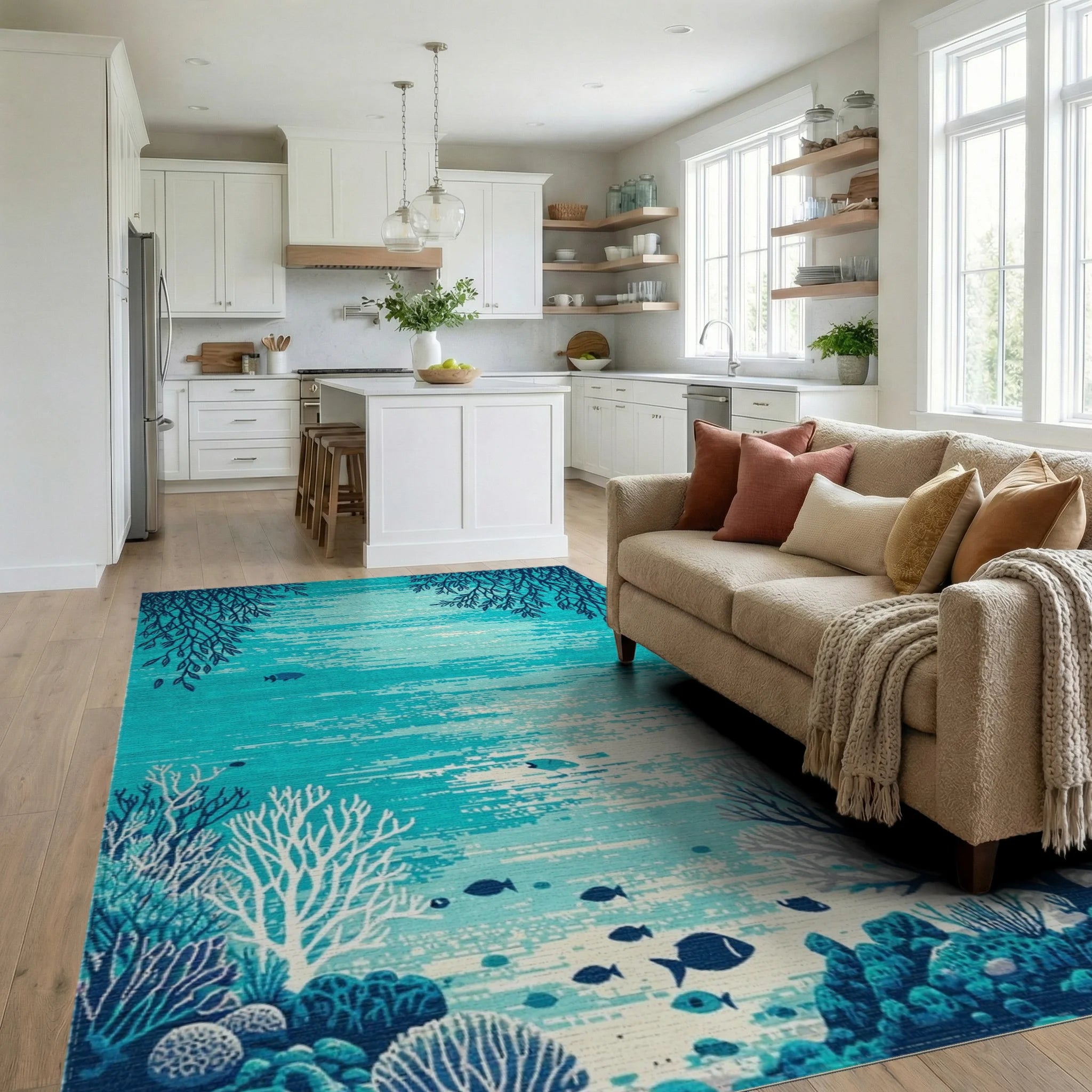 Teal Coral Reef Fish Rug - Living Room View