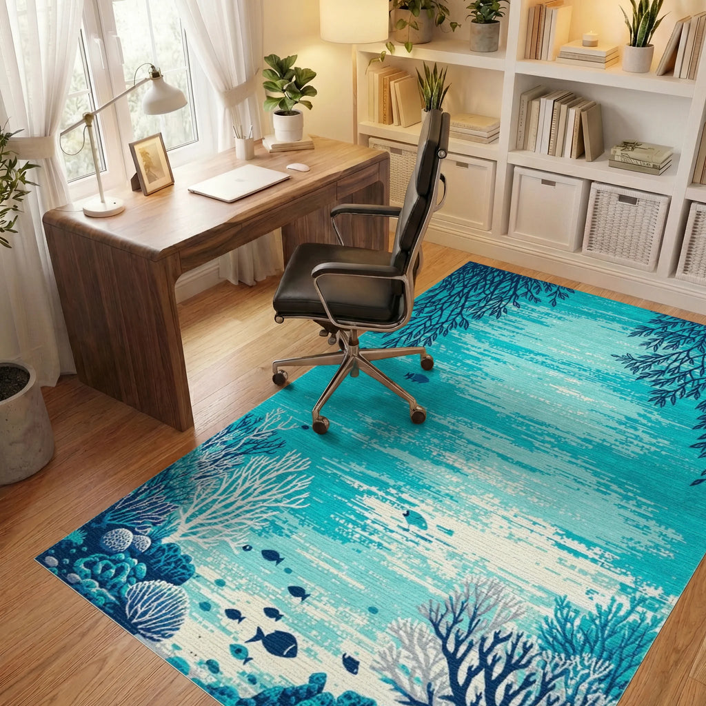 Teal Coral Reef Fish Rug - Office View