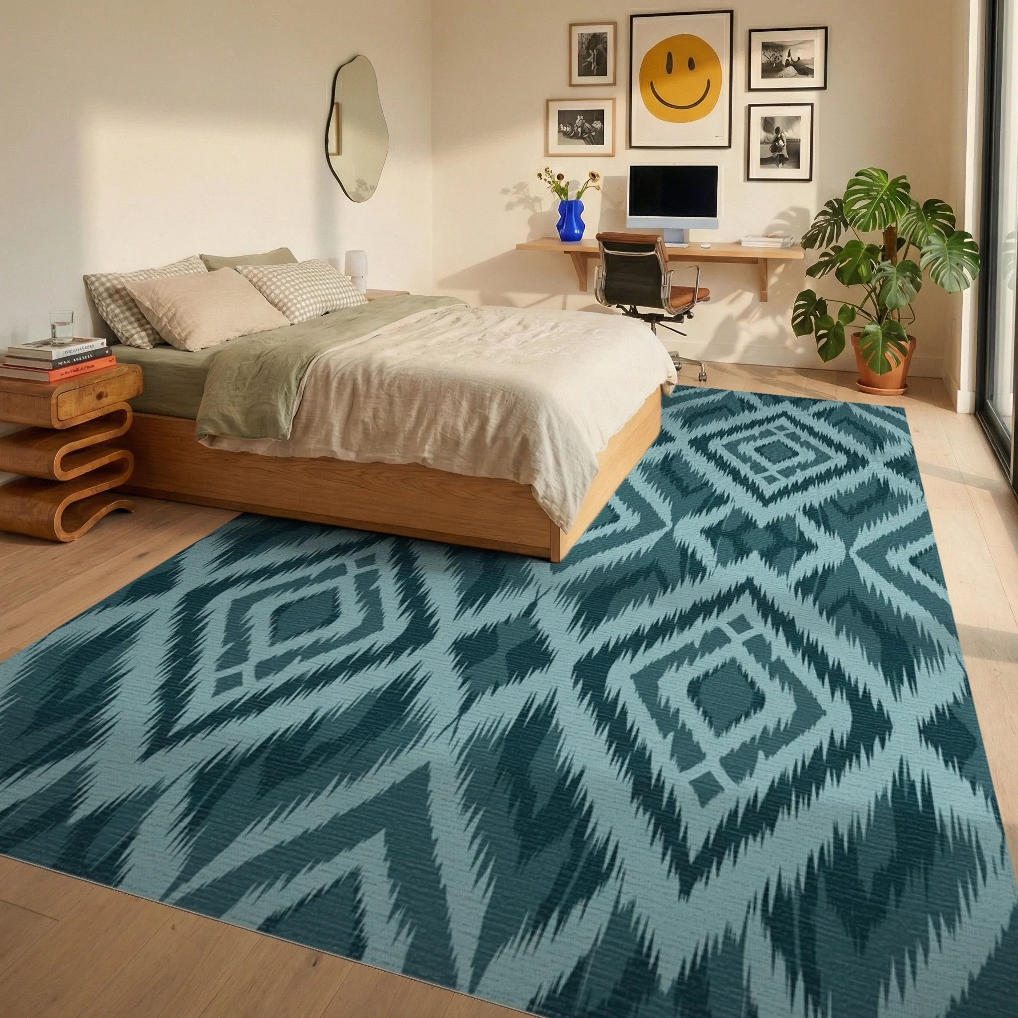 Teal Diamond Ikat Rug Bedroom View