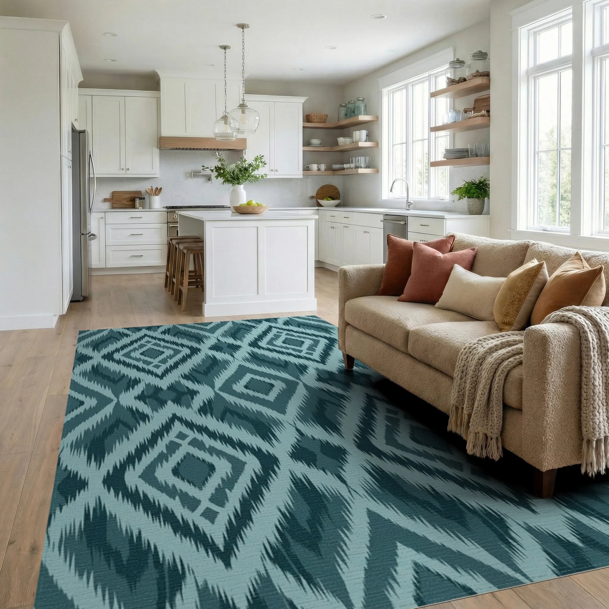 Teal Diamond Ikat Rug Living Room View