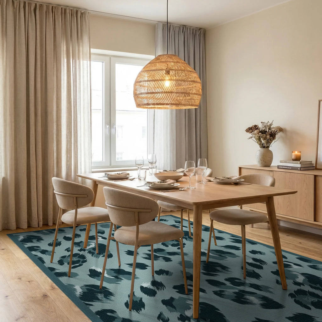 Teal Dusty Leopard Spots Rug Dining Room View