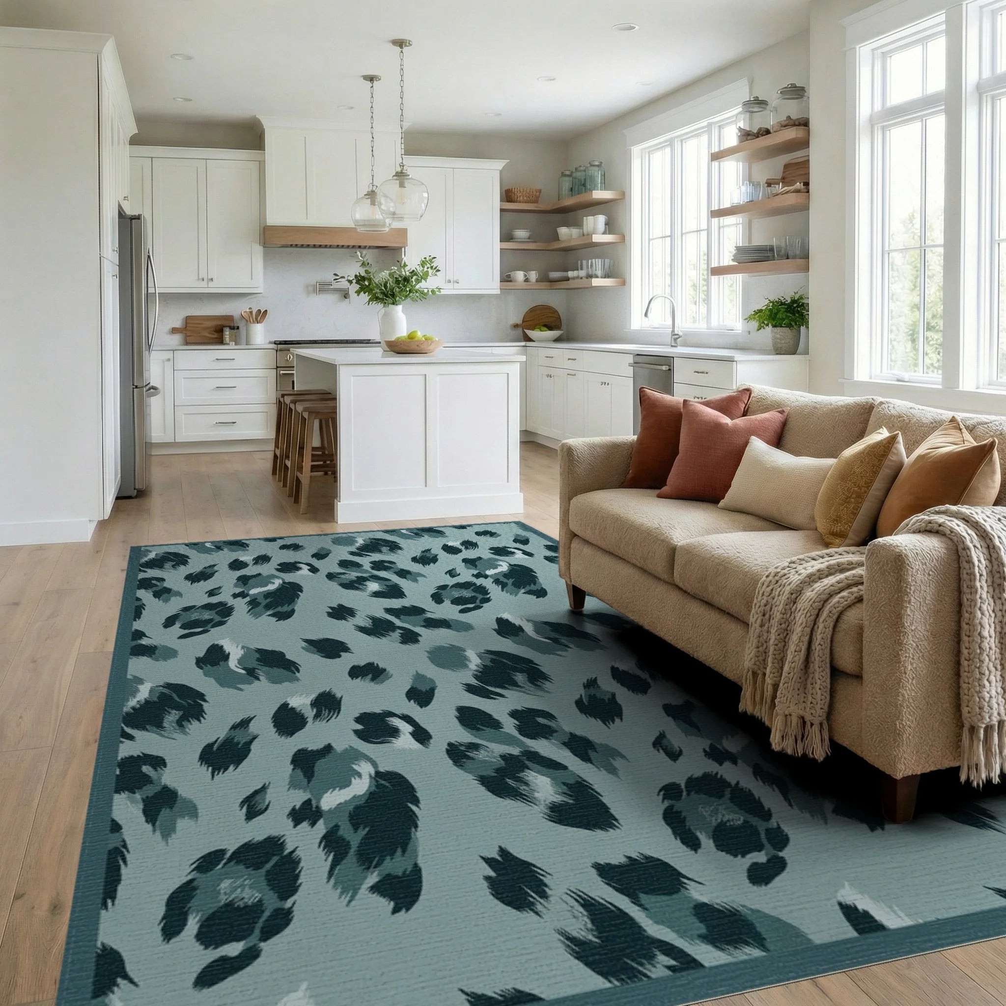 Teal Dusty Leopard Spots Rug Living Room View