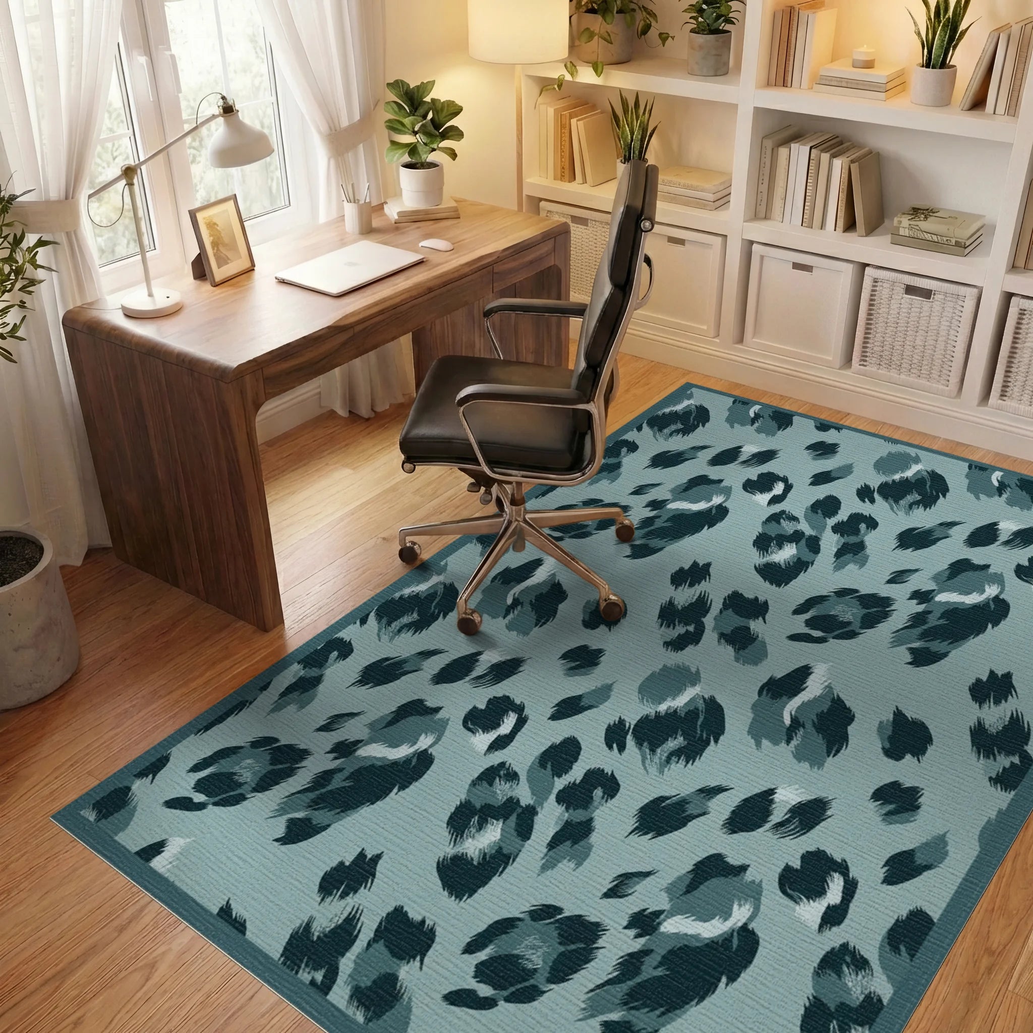 Teal Dusty Leopard Spots Rug Office View