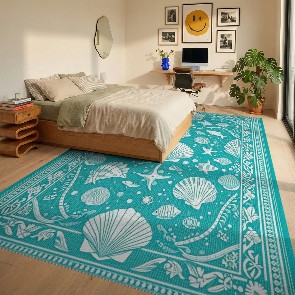 Teal Fish Seahorse Seashell Starfish Rug Bedroom View