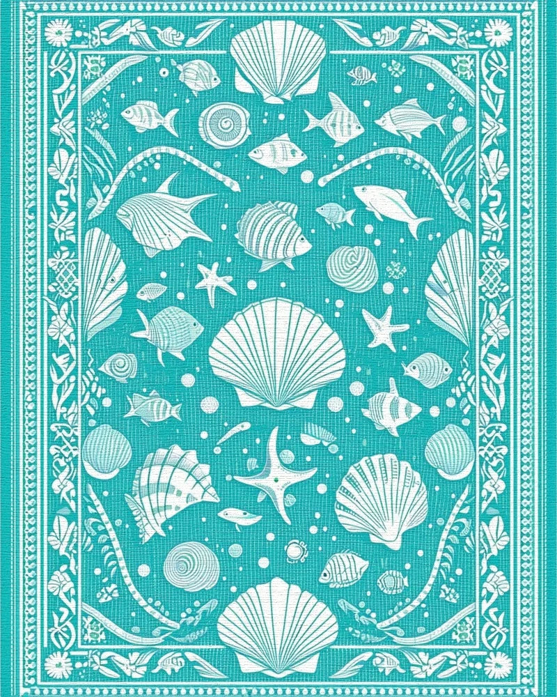 Teal Fish Seahorse Seashell Starfish Rug - Cutout View