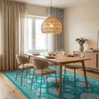Teal Fish Seahorse Seashell Starfish Rug Dining Room View