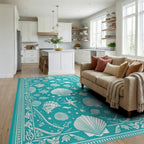 Teal Fish Seahorse Seashell Starfish Rug Living Room View