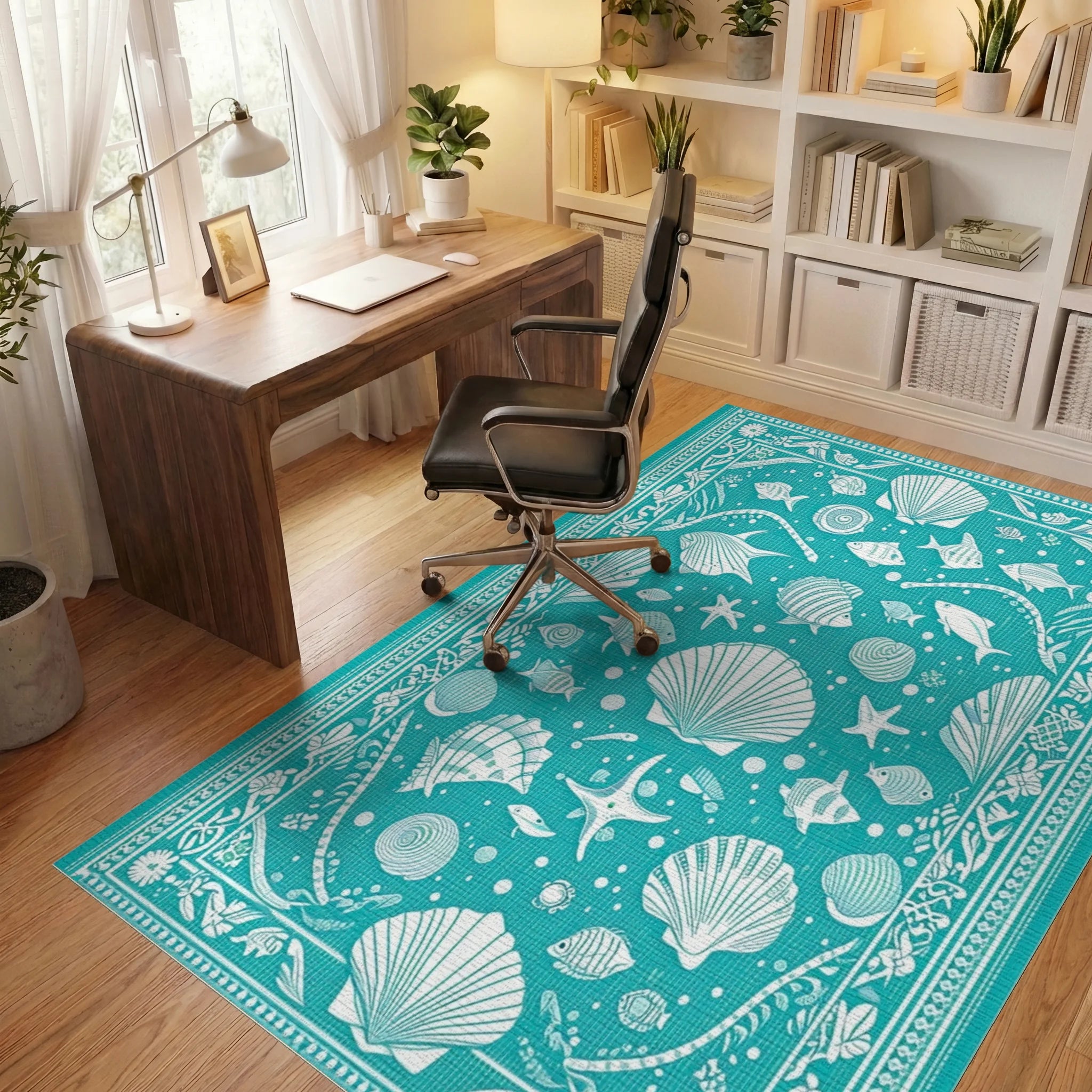 Teal Fish Seahorse Seashell Starfish Rug Office View