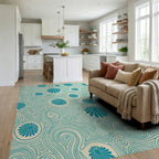 Teal Floral Swirl Cream Rug Living Room View
