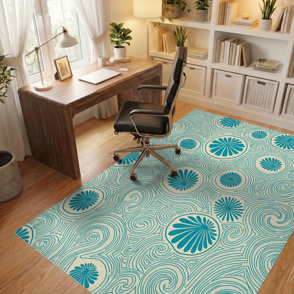 Teal Floral Swirl Cream Rug Office View