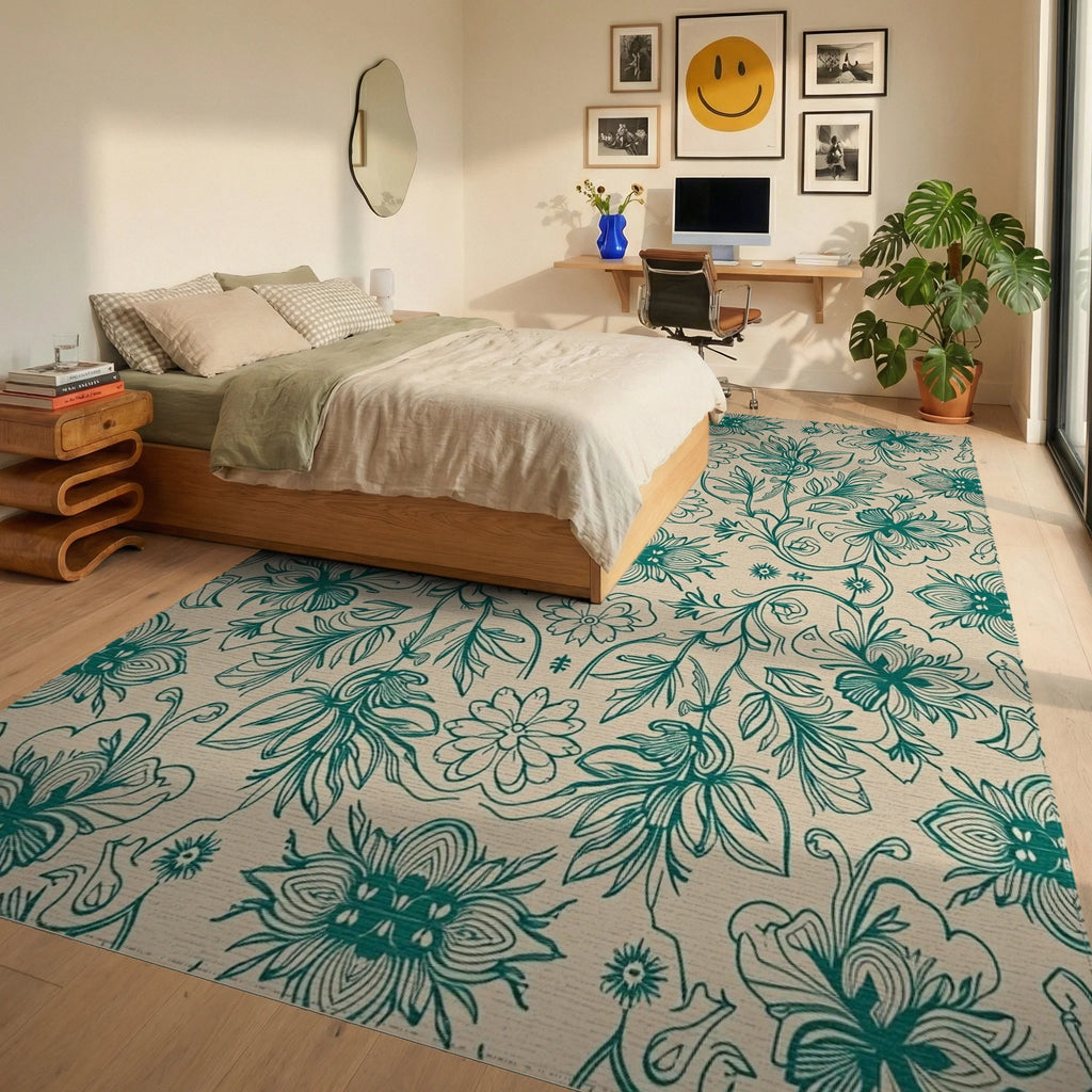 Teal Floral Vine Symmetry Rug Bedroom View
