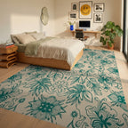 Teal Floral Vine Symmetry Rug Bedroom View