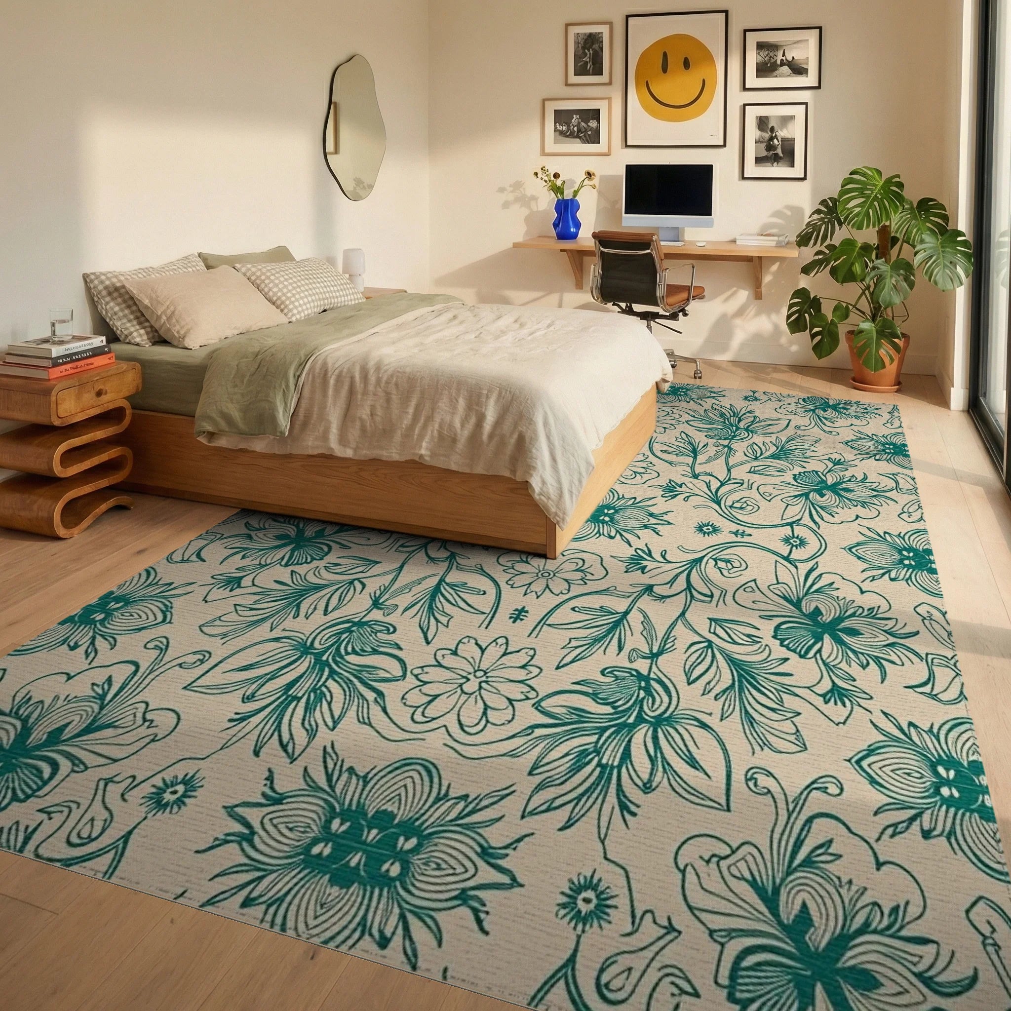 Teal Floral Vine Symmetry Rug Bedroom View