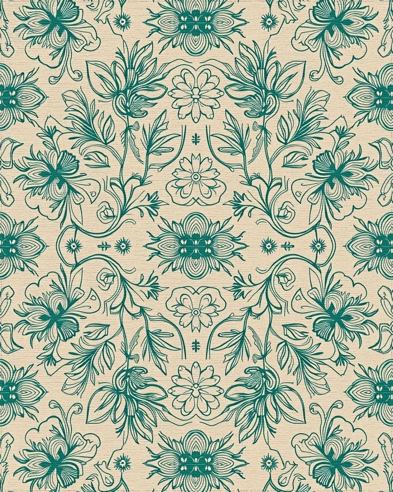 Teal Floral Vine Symmetry Rug - Cutout View