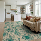 Teal Floral Vine Symmetry Rug Living Room View
